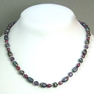 Gemstone Necklace Blue Fresh Water Pearls and Crystals Style 14